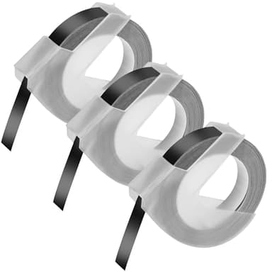 Lot de 3 Rubans Noir marquage 3D gaufré pour étiqueteuse compatible Dymo Omega/Junior/Organizer/Caption/Motex E-101/E303 - Étiquette recharge 520109 9mm x 3m Phonillico®
