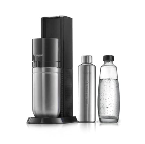 sodastream Machine à gazéifier Duo avec Cylindre de CO2, 1 Bouteille en Verre de 1 l et 1 Bouteille en métal de 0,8 l, Hauteur : 44 cm