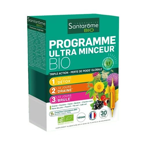 Santarome Bio - Programme Ultra Minceur Bio - Complément Alimentaire Brûle-Graisses - Perdre du poids & brûler les graisses - Plantes Bio - Ananas, Guarana, Cassis- Cure 1 mois- Made In France - Végan