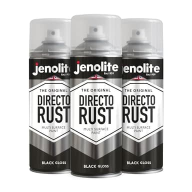 JENOLITE Directorust Bombe Peinture Brillante | NOIR | 3x400ml | Peinture Aérosol Anti-Rouille Pour Métal | Peinture Aérosol Brillante Multi-Surfaces Pour Bois, Métal, Plastique | RAL 9005