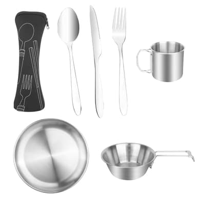 XTDMJ Ensemble de couverts de camping 7 pièces en acier inoxydable avec assiette, bol, tasse, couverts avec sac en maille pour salle à manger en plein air