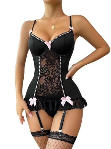 BEINF Ensemble de Lingerie pour Femmes Body Sexy en Dentelle Florale avec Porte-Jarretelles Encolure en V Nœud Devant Babydoll Underwire avec Bas 3 Pièces