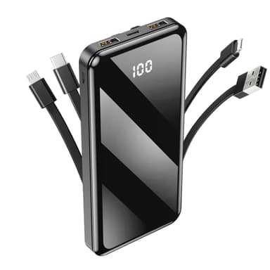 Batterie Externe pour Samsung Galaxy A35, A55, A15, A25, A05s, A54, A23, A34, A14, A13, A52... 10000 mAh, Câbles intégrés + 2 Ports USB, indicateurs LED