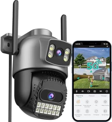 ANBIUX 2K/6MP Camera Surveillance WiFi Exterieure, 2.4/5G Camera Exterieur, Caméras De Surveillance Double Lentille, 360°, PTZ, Vision Nocturne, Audio Bidirectionnel, Suivi Automatique, IP66