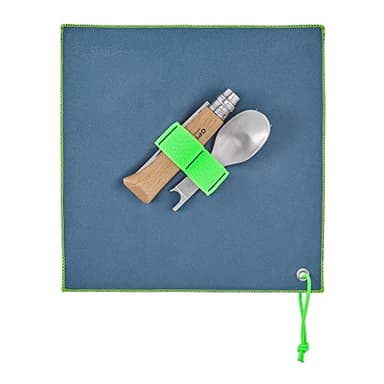 Opinel - Set Complet Picnic + - avec Couteau N°8 en Bois de Hêtre, 2 Inserts Fourchette et Cuillère et Étui-Serviette Microfibre - Fabrication Française