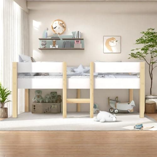 Cabane Enfants 90x190 Lit Superposé Double avec Protection Anti-Chute en Bois de Pin Massif Blanc et Chêne