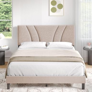 Novilla Cadre de lit Double 180x200 cm, Cadre de lit Plateforme, avec tête et Dossier tapissés, Support à Lattes en Bois, Assemblage Facile, Beige