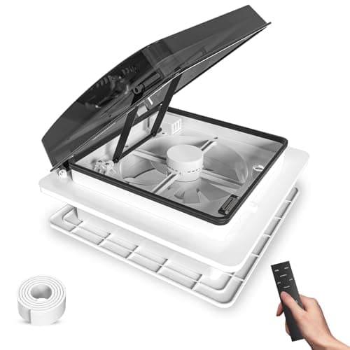 2012 Air Max Ventilateur De toit Camping Car, électrique Ultra faible bruit Ventilation de RV permanente Ventilateur d'extraction réversible 12V, avec 14" couvercle anti-UV Translucent