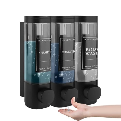 MEKOTRIN Distributeur de Savon Mural, Distributeur Gel Douche, Distributeur Triple de Shampoing et Après-shampoing sans Perçage ABS pour Salle de Bain Cuisine Marché Hôtel Restaurant 300ML*3(Noir)