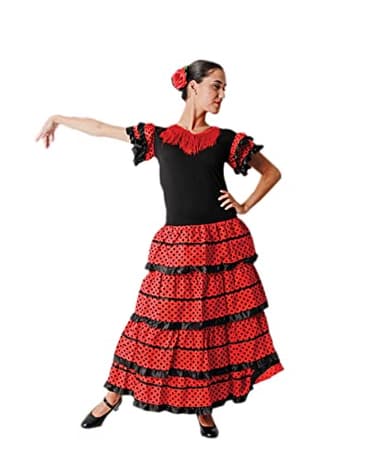 Dysmad Costumizate Robe sévillane pour femme dans différentes tailles et motifs, Rouge à pois noirs et volant noir, 38