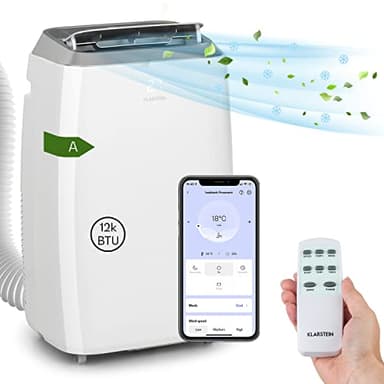 Klarstein Climatiseur Mobile Silencieux, 4 en 1, Mode Nuit, Déshumidificateur, Ventilateur, Mini Climatisation à Faible Conso, Evacuation, Clim Portable, Puissante, 12000 BTU