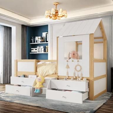 Lit cabane Enfants 90x200 avec Toit et fenêtre, Lit superposé Enfant avec 4 tiroirs et Petit escalier, lit Double lit Simple, Protection Anti Chute, pin + MDF + contreplaqué, Blanc + Naturel