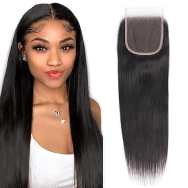 Lace Closure 4x4 Tissage Cheveux Humain Bresilienne Lisse HD Transparent Swiss 100% Non Transformés Vierge Tissage Naturel Cheveux Humain Straight Free Part Naturel Noir (10 Pouces)