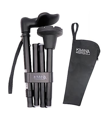 KMINA - Canne de Marche Ergonomique (Droite), Pliable et Réglable, Femme, Homme, Noir - Made in Europe