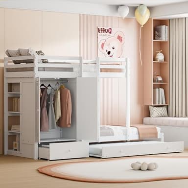 Merax Lit Superposé 3 Place 90 x 200 cm, avec Garde-Robe, avec Lit Gigogne 90x190 cm, Blanc (sans Matelas)
