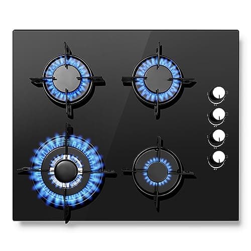 SNDOAS Plaque de Cuisson Gaz 4 Feux avec Sécurité Thermocouple, Convient pour le Gaz Naturel/Propane, Noir, 8,0 kW, 220-240 V