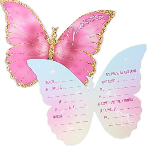 COLOFALLA 12 Cartes d'Invitation Papillon en Français Invitation d'Anniversaire Fête Party Accessoire pour Enfants Filles 17,5x13cm (Rose Papillon)