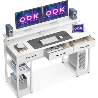 ODK Bureau avec 3 Tiroirs, Bureau Informatique avec Etagères de Rangement, Table d'ordinateur avec Support écran pour Domicile, Chambre, Salon (Blanc, 120x50x90cm)