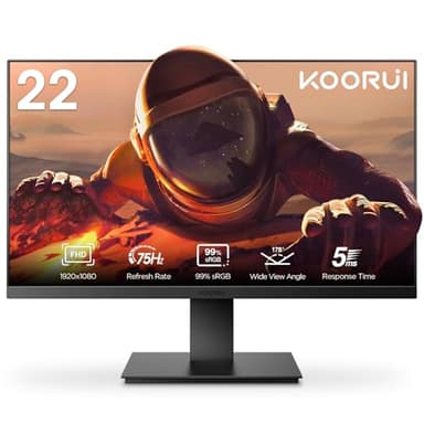 KOORUI Écran PC gaming 22 Pouces Full HD (1920 x 1080), VA, 75Hz, 5ms, Ratio de Contraste de 3000:1, Mode Faible lumière Bleue, Angle de Vision de 178°, VGA et HDMI, Design Épuré Avec Bords Ultra-fins