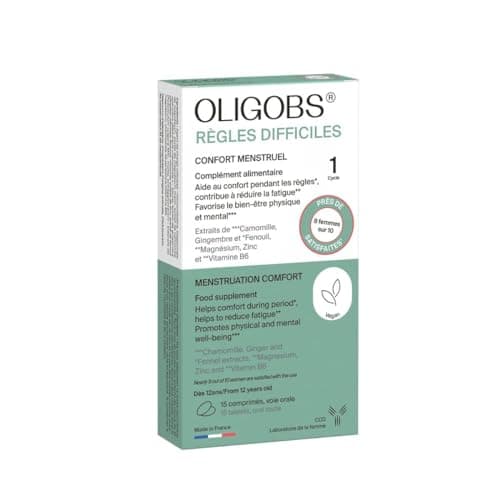 Oligobs Règles Difficiles – Confort menstruel – Complément alimentaire à base de Fenouil, Camomille, Vitamine B6, Magnésium – Adolescente et femme – Cure 1 cycle – Fabriqué en France