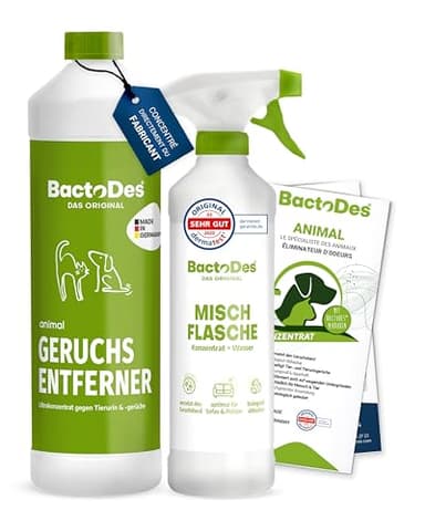 BactoDes - Désodorisant concentré animaux 1L avec vaporisateur mélangeur - Spray chat anti pipi puissant avec effet microbien bio - Anti odeur litiere chat - Anti odeur chien - Elimine les odeurs