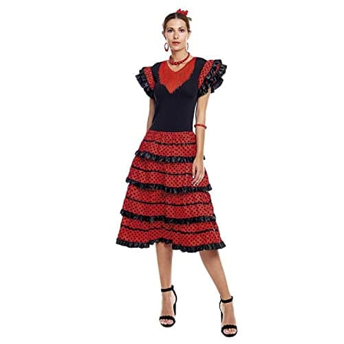 Partilandia Robe Flamenca Femme Noire【Tailles Adulte S à XXL】[Taille S] Costume Sevillana Costume Flamenca Volants Foire Avril Séville Danse