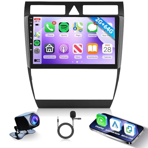 2G+64G sans Fil Carplay Android Autoradio 2 Din pour Audi A6 C5 1997-2004 S6 1999-2004 RS6 2002-2006 9 Pouces Autoradio Android Auto GPS Navi WiFi Mirror Link Bluetooth FM/RDS/EQ/SWC Caméra de Recul