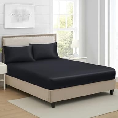 Drap Housse 180x200cm Satin Noir Bonnet 30 cm Microfibre Motif Drap de lit Soie Drap-Housse 180 x 200cm Uni Lisse Respirant pour Matelas Épais,Grand Bonnet 180 200