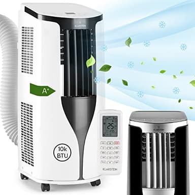 Klarstein Mini Climatiseur Mobile Silencieux 3 en 1, Mode Nuit, Déshumidificateur, Ventilateur, à Faible Conso, Evacuation, Clim Portable, Puissant 10.000 BTU