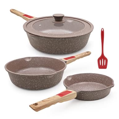 AIKENBBKK Set de 5 Poêles en Céramique, Poêle avec Couvercle 20/24/28 cm Revêtement Céramique Antiadhésif Set de Poêles à Frire avec Poignée Amovible, Four et Lave-Vaisselle- Marron