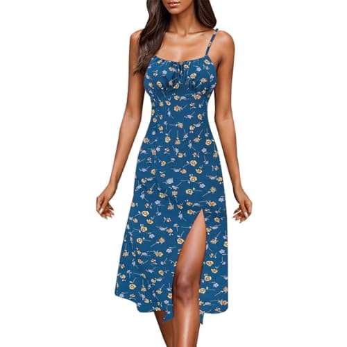 Robe Longue De Plage Femme Bretelles Fines 2025 Robe éTé Femme Fendue Sur Les Cotes Imprimé Floral Boheme Bretelles Spaghetti Sans Manches Col CarréE Sexy Noir LéGèRe Fluide Chic Et Elegant Pas Cher