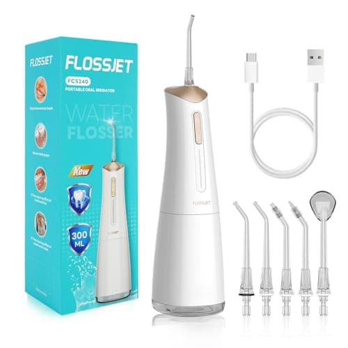 FlossJet Jet Dentaire Hydropulsuer Professionnel Irrigateur Oral de 300ML 5 Buses 4 Modes USB Chargé Étanche IPX7 Jet Dentaire de Voyage Hydropulseur Dentaire Sans Fil Portable Water Flosser(Blanc)