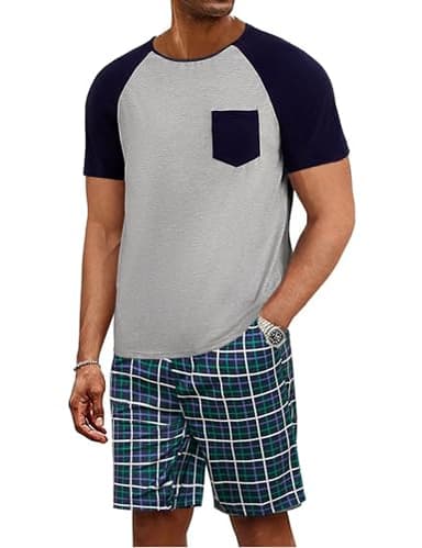 Jahetuul Pyjama Homme Court Pyjama en Coton D'été pour Homme Ensembles de Pyjama Homme 2 Pièces Pyjama Court pour Homme Ete Vêtements de Nuit Short à Carreaux Vêtements de Détente Doux et Confortable