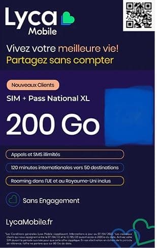 Carte sim lycamobile 200 Go Internet Appels et SMS illimités