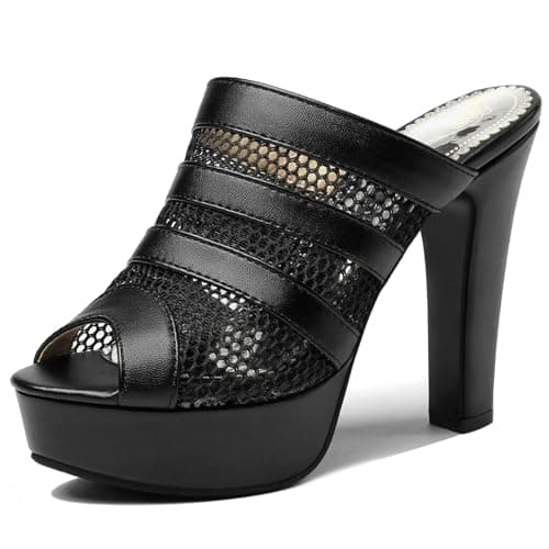 Lroey Reoly Mule Femmes, Sandales à Bout Ouvert En Maille à Talon Haut A Enfiler Bloc Mule avec Plateforme, 8925Fjh Noir Taille 38 EU