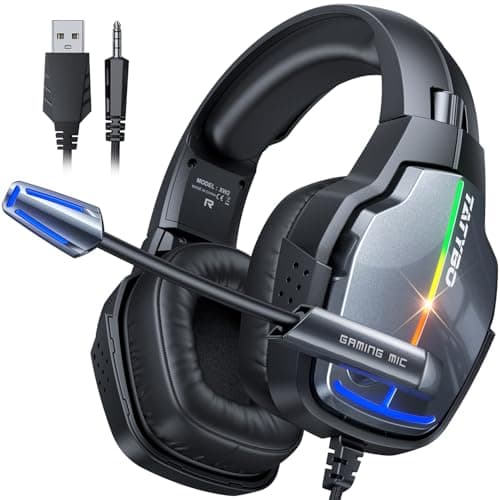 Tatybo Casque Gaming pour Ps5, Casque Gamer Unique Rotative à 90°avec Microphone Antibruit,Haut-Parleur 50 mm, Casque avec Quatre Modes D'éClairage RGB pour Ps4 Pc Xbox Switch (Noir Gris)