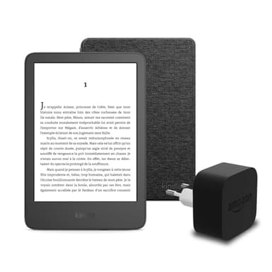 Le nouveau Kindle (version 2024) 16 GB avec publicités, une housse en tissu Amazon et un adaptateur secteur Amazon Powerfast 9 W.