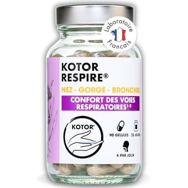 KOTOR RESPIRE | Libère les Voies Respiratoires | Rhume, Nez, Gorge, Toux | Eucalyptus + Thym + Plantain + Curcuma + Echinacea + Huile Essentielle | 90 Gélules | Vegan | Produit en France