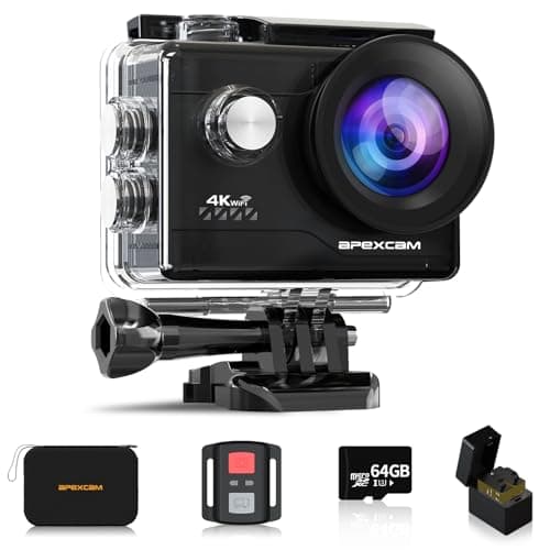Apexcam 4k Caméra Sport 20MP avec MicroSD 64 GB Action Cam WiFi Caméra Étanche 40M Ultra HD Caméra d'action 170 ° Grand-Angle avec 2.4G Télécommande et 2 Batteries Rechargeables et kit d'accessoires…