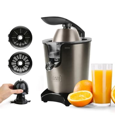 BLACK+DECKER BXCJ350E - Presse Agrumes électrique Levier Professionnel 350W, INOX, Moteur à Courant Alternatif, 650ml, 2 cônes pour Tous Les Agrumes, Filtre en INOX et Filtre régulateur de pulpe