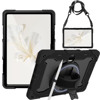 Junfire Coque Antichoc pour Honor Pad 9 (12,1 Pouces) 2024, étui de Protection Robuste Armure avec Support Rotative à 360°, Dragonne et Bandoulière pour Honor Pad 9 - Noir