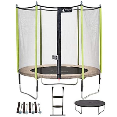 Kangui - Trampoline de Jardin 244 cm + Filet de sécurité + échelle + bâche de Protection + kit d'ancrage JUMPI Taupe/Vert 250