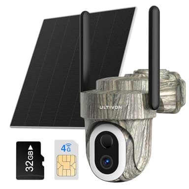 Ultivon 4G LTE Caméra de Chasse Solaire avec Carte SIM Préinstallé, Caméra Surveillance Extérieure sans Fil avec Détection Humaine PIR, 2K Vision Nocturne, 360° PTZ, Audio Bidirectionnel, IP66