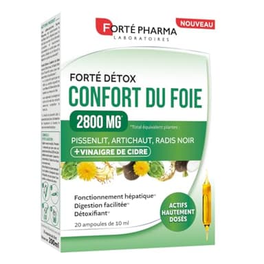 Forté Pharma - FortéDétox Confort du Foie 2800mg - Détoxifiant, Fonctionnement hépatique, Digestion facilitée - Vinaigre de Cidre, Pissenlit, Artichaut, Radis noir - 20 ampoules, 1/jour