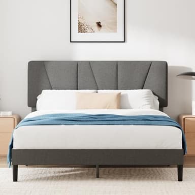 Zinus Maya lit 160x200 cm - Hauteur 30cm - Cadre de lit tapissé avec tête de lit - Sommier à Lattes en Bois - Gris foncé