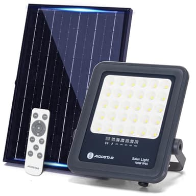 Aigostar Projecteur Solaire LED d’extérieur avec grand panneau solaire, 100W,1000LM, batterie de grande capacité,IP65, 6500K, lampe solaire extérieure pour jardins, portes, garages,câble de 2M