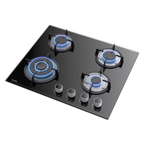 Hermitlux Plaque de Cuisson Gaz 4 Feux Encastrable, 7800W, Plaque Gaz 60cm, Convertible NG/LPG, avec Protection par Thermocouple
