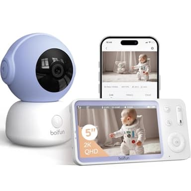 BOIFUN 2K 5" Babyphone Caméra avec Application Telephone, Rotation à 360°, Surveillance des Mouvements & Suivi Automatique, Détection de Zone Personnalisée, Zoom 4X