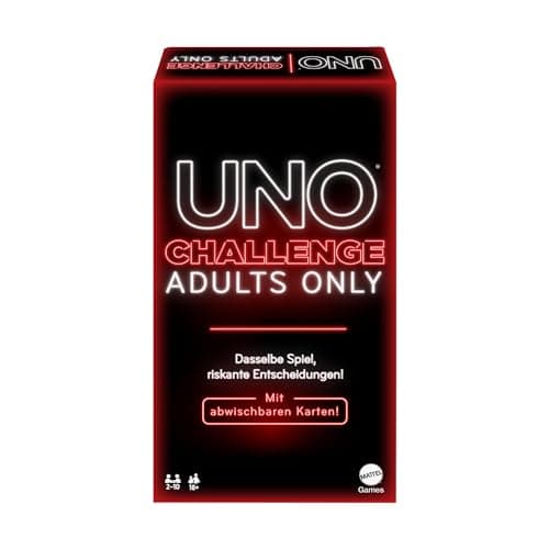 Mattel Games - UNO Challenge Adults Only - Jeu de Cartes pour Adultes, 18 Jeux pour Les soirées de Jeu, Les Voyages et Les fêtes - Version Allemande UNO Dare JBF58