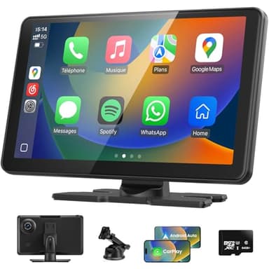 TOUTBIEN Autoradio 9" Écran Tactile, CarPlay & Android Auto sans Fil, Bluetooth 5.0, 4K Dashcam, Navigation GPS, Mirror Link, Appels Mains Libres, Siri et G-oogle Assistant, FM, AUX, Carte TF 64Go